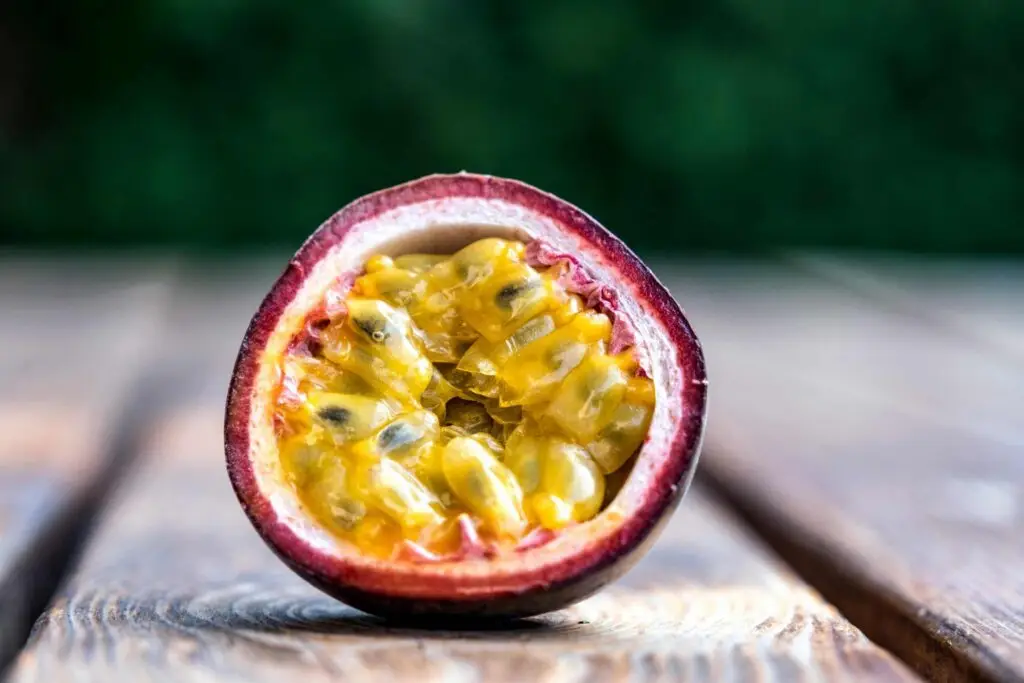 close up of passion fruit insides